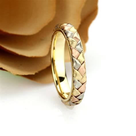 14k Gold Wedding Band Women Tri Color Gold 4mm Braided Gold Promise