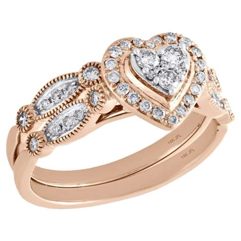Jewelry For Less 14k Rose Gold Diamond Bridal Set Heart Engagement