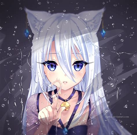 Hình Nền Anime Cô Gái Tai Mèo Mắt Mèo Tóc Trắng Nước Giọt Nước