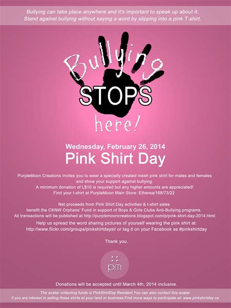 The day has its roots in canada, beginning in 2007 when students david pink shirt day remains particularly popular in schools, who are reminded by organisers that stopping bullying takes more than one day. PINK SHIRT DAY - BULLYING STOPS HERE! | ! *PurpleMoon ...