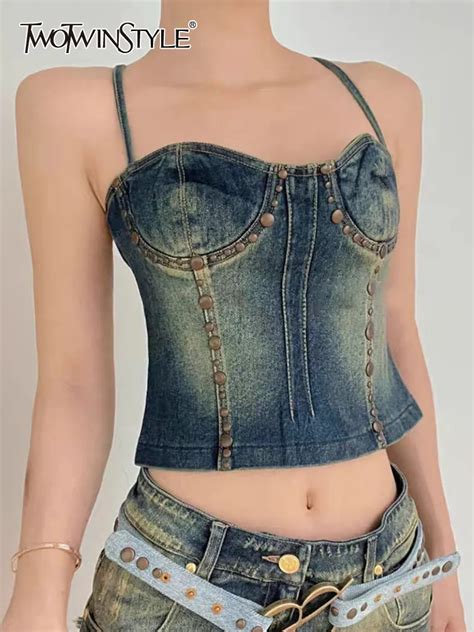 Twotwinstyle Casual Denim Vests For Women Square Collar Sleeveless Slimming Summmer Sexy Tank