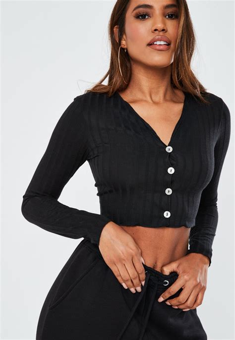 #fashion #crop top #fashion brand company. Black Ribbed V Neck Button Front Crop Top | Missguided ...