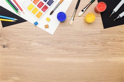 Wooden Desktop With Drawing Tools Stock Photo Image Of Gouache