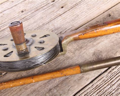 Antique Wooden Fishing Rod And Copper Reel Mathews Conveyer Co Halibut