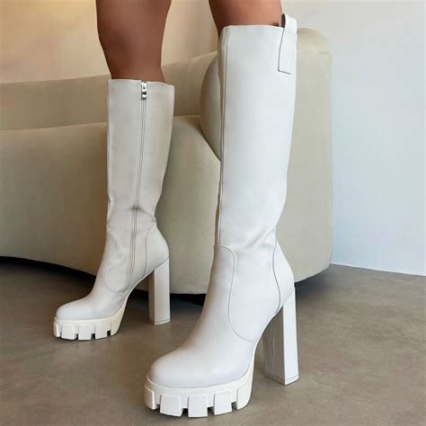 Rebeca Stone Platform Block Heel Calf Length Boots Simmi London