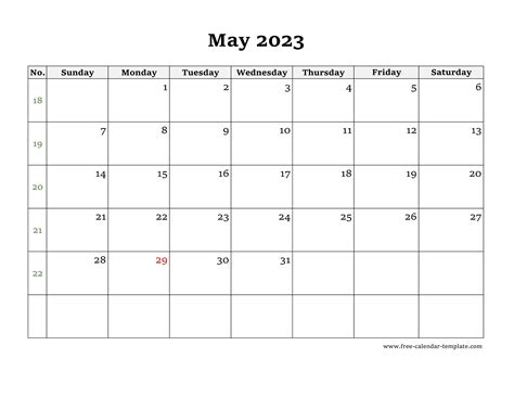 Simple May Calendar 2023 Large Box On Each Day For Notes Free