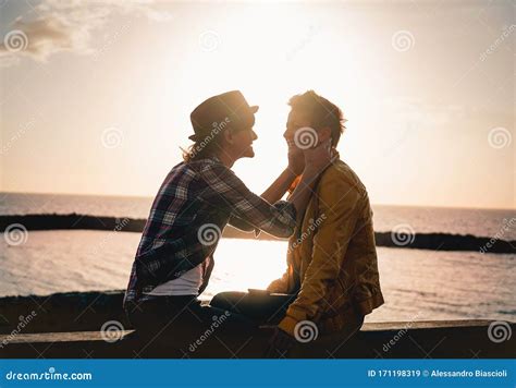 Happy Gay Couple Dating Next The Beach At Sunset Young Lesbian Women