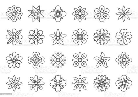 Abstract Flower Simple Black Line Icons Vector Set Stock Illustration