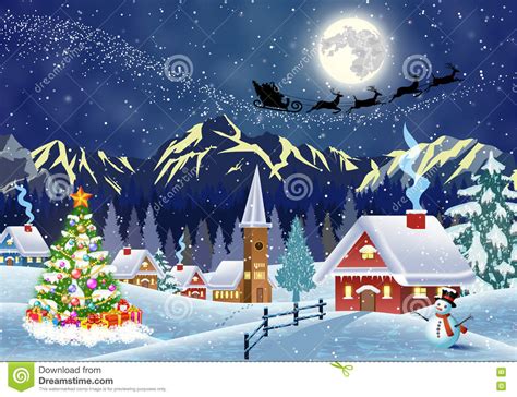 House In Snowy Christmas Landscape At Night Stock Vector