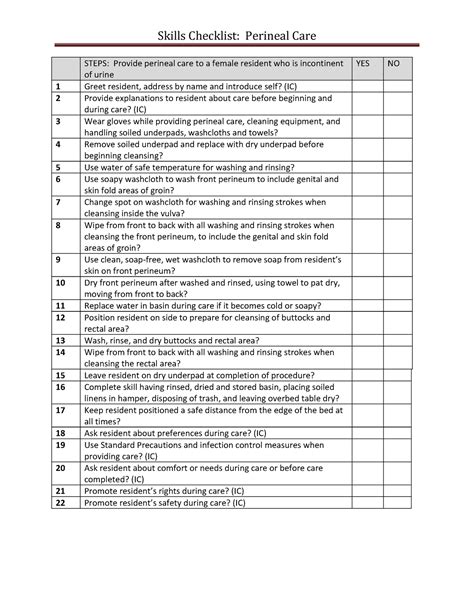 Cna Perineal Care Checklist Skills Checklist Perineal Care Steps