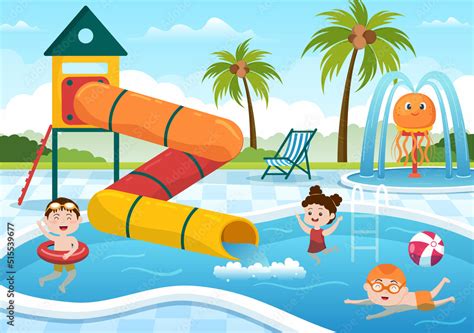Water Park With Swimming Pool Amusement Slide Palm Trees And The