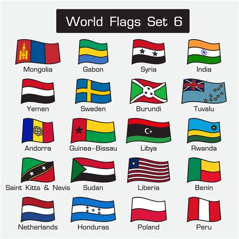 World Flags Set 6 Simple Style And Flat Design Thick Outline