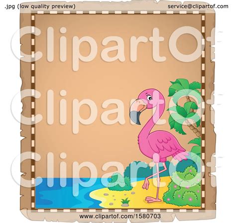 Clipart Of A Parchment Border Of A Pink Flamingo Bird On A Beach