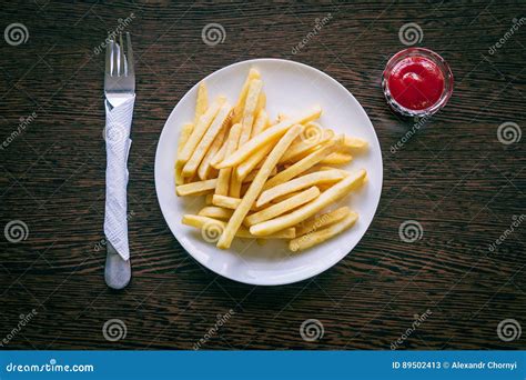 French Fries On A White Plate With Ketchup Stock Image Image Of