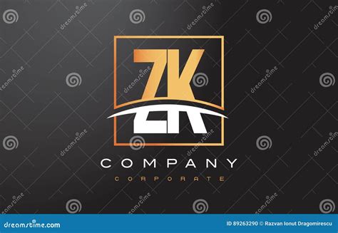 zk z k golden letter logo design with gold square and swoosh stock vector illustration of