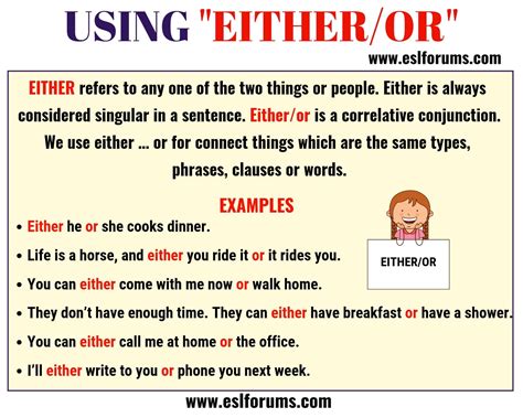 Jul 31, 2020 · in all instances where either and neither are used as pronouns, the sentence structure will be as follows: EITHER OR: Usage and Useful Examples in English - ESL Forums