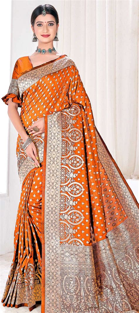 Traditional Orange Color Jacquard Fabric Saree 1727731