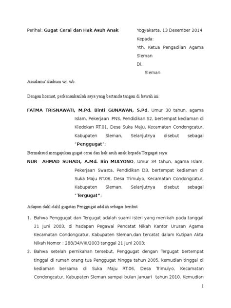 Contoh Surat Gugatan Cerai Dan Hak Asuh Anak Kumpulan Surat Penting