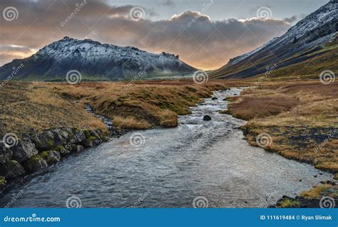 Icelandic Sunset Over River And Snaefellsjokull Volcano Stock Photo