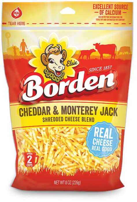 Our take on mild cheddar cheese ups the rich, creamy taste to make a snack great all on their own or paired with crackers or other foods like apples and pears. Cheddar & Monterey Jack Shreds - Borden Cheese