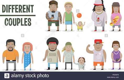 Set Of Different Couples And Families Cartoon Style People With Baby