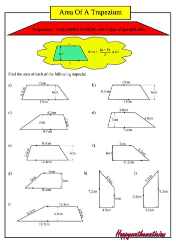 The Area Of A Trapezium A Basic Worksheet With Answers Teaching