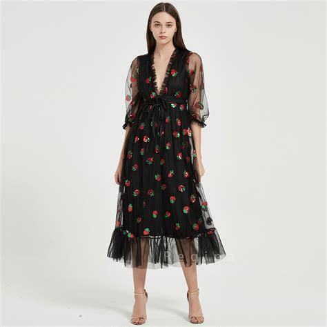 Strawberry Sequin Tulle Long Sleeve Dresses Black Mesh Dress Etsy