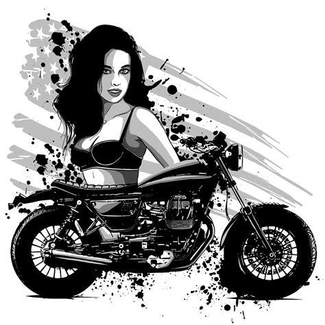 Beautiful Biker Girl With Her Motorcycle And American Flag Digital Art