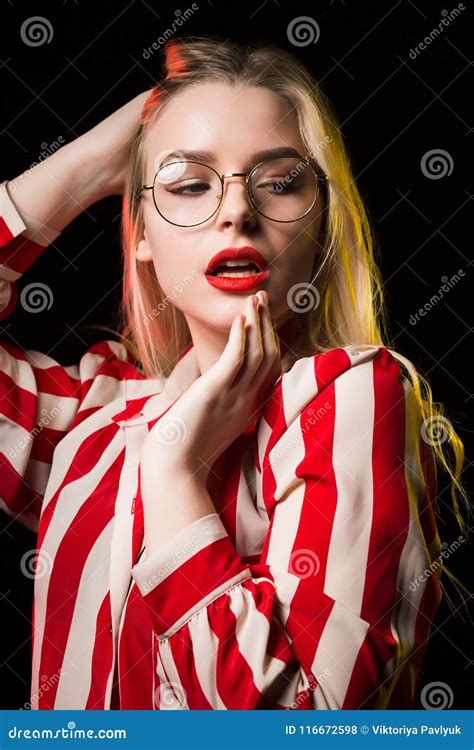 Elegant Blonde Girl With Red Lips Wearing Glasses Posing With Stock