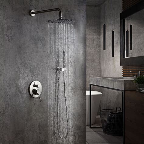 modern brushed nickel wall mounted rain shower system with 8 round rainfall shower head