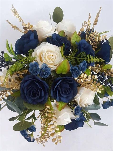 This wedding bouquet is perfect for any bride. Navy and Ivory Bridal Bouquet Cascading Rose Bouquet Boho ...