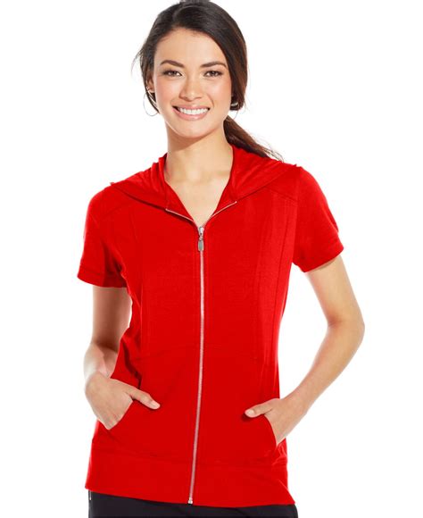 Style And Co Styleandco Sport Short Sleeve Zip Front Hoodie In Red Lyst