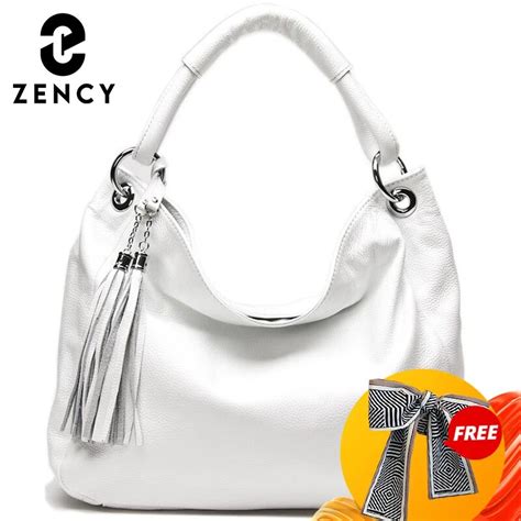 Zency 100 Soft Genuine Leather Tassel Womens Handbag Black White