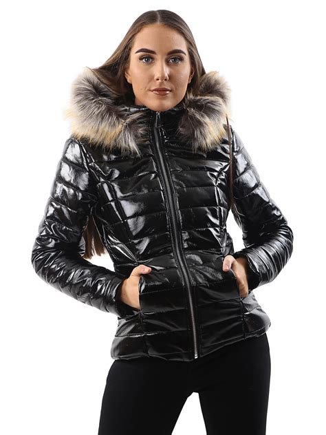 womens jacket ladies quilted wet look shiny padded puffer faux fur hooded coat ebay