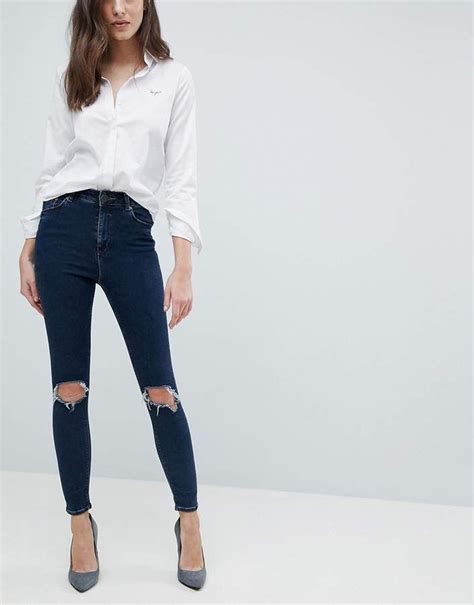ASOS DESIGN Ridley High Waist Skinny Jeans In Deep Blue Wash With