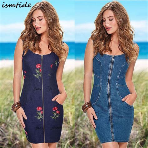 ismtide summer denim dresses women embroidered sheath dress woman beach casual cotton clothing