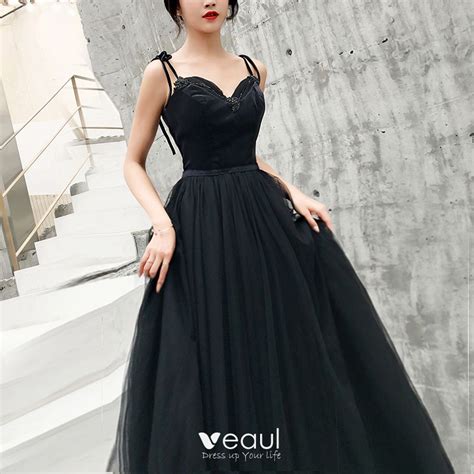 Chic Beautiful Black Prom Dresses 2019 A Line Princess Spaghetti