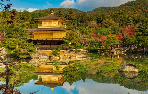 Wallpaper Autumn Pond Reflection Japan Garden Temple