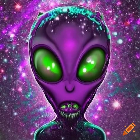 Purple Alien With Big Eyes On Cosmic Background