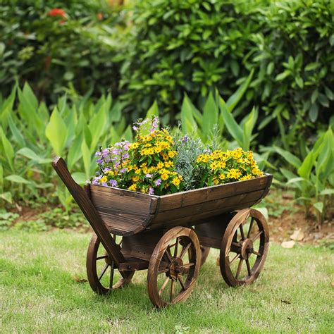 Ikayaa Garden Wood Wagon Planter Pot W Wheels Flower Planting Box Home