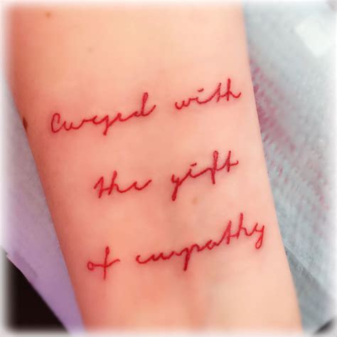 Maybe you would like to learn more about one of these? Red lettering tattoo on the forearm. Done by Jenny Forth at Circus Tattoo in Miami Beach, FL ...