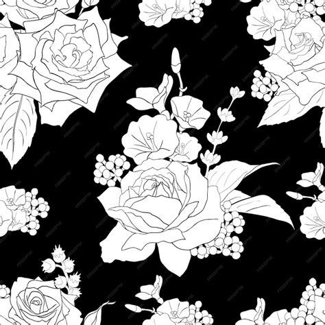 Premium Vector Pink Rose Flowers Black And White Monochrome Seamless