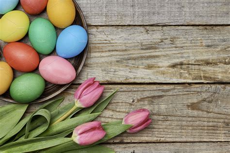 Easter Eggs And Tulips Featuring Easter Eggs And Colorful Holiday