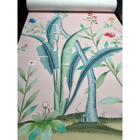 Palm Tree Chinoiserie Murals Hand Painted Wallpapers On Pink Silk Panel