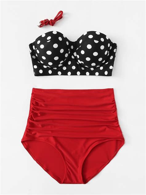 Plus Polka Dot Top With Ruffle High Waisted Bikini Set Bikinis High