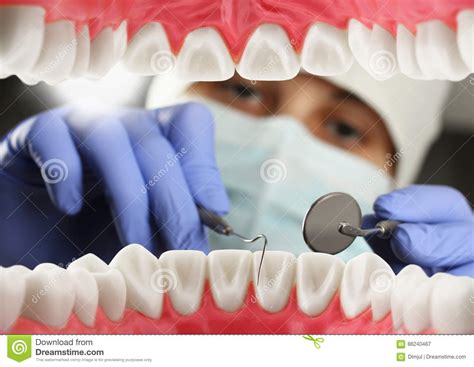 Dentist Examining Patient Teeth Inside Mouth View Soft Focus Stock