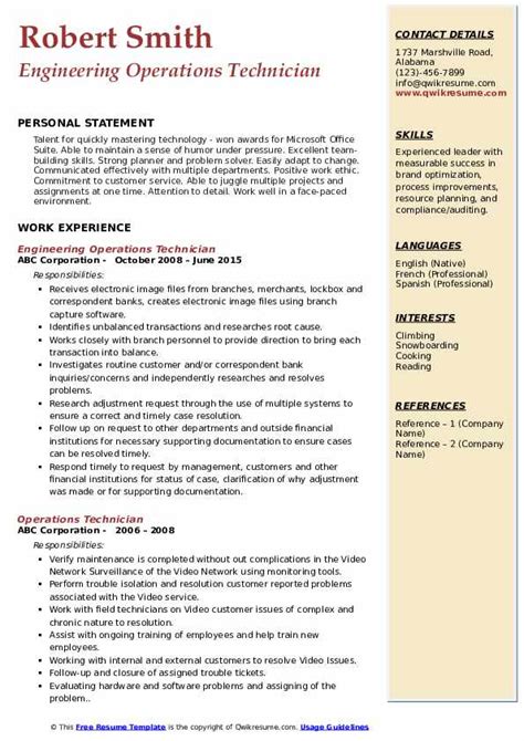 Motivated problem solver with general knowledge of hospitality, customer service, accounting, handyman skills. Operations Technician Resume Samples | QwikResume