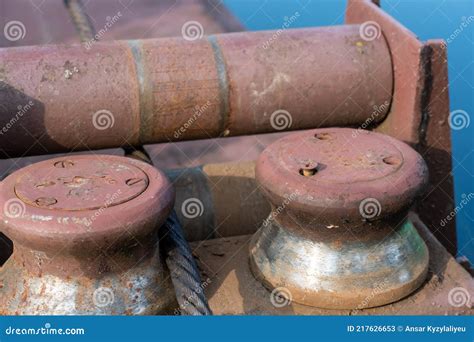 Close Up Of Bollards And Iron Cables On An Old River Barge Old Rusty