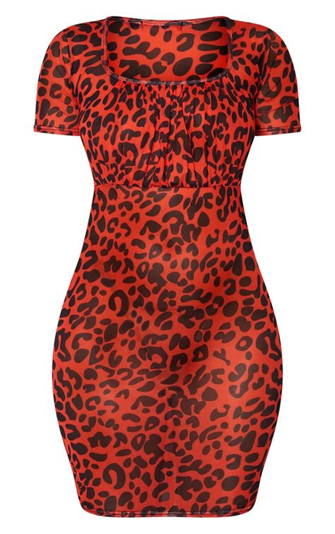 Red Leopard Print Mesh Ruched Bust Dres Prettylittlething Usa