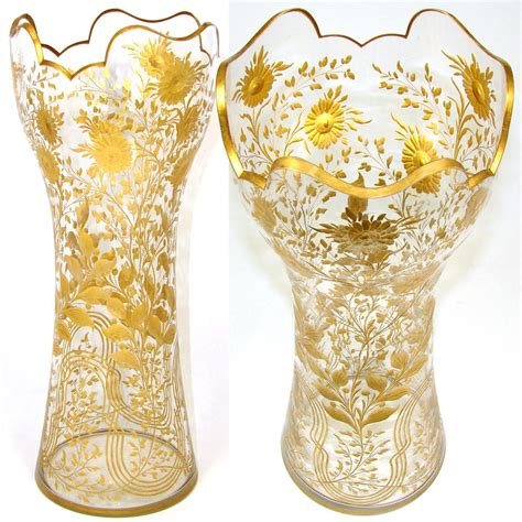 Huge Antique French Or Moser 15 Cut Glass Flower Vase Intaglio And Gold Enamel Ebay